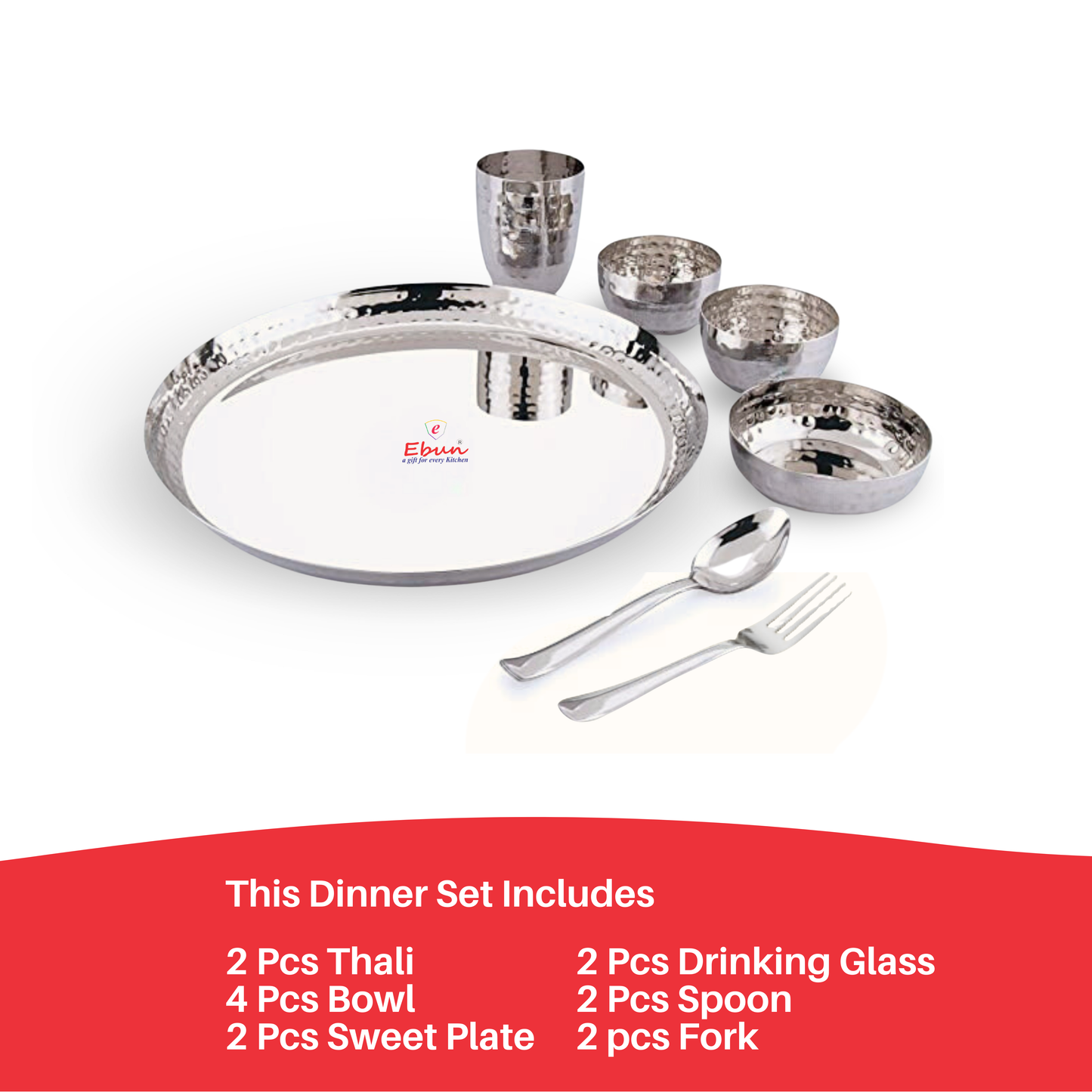 Ebun Stainless Steel Hand Hammered Design Dinner Set - Pack of 2