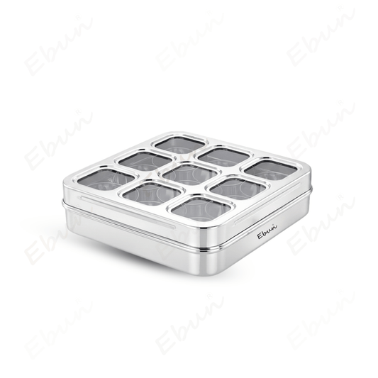 Ebun Stainless Steel 9 in 1 Square Masala Dabba for Kitchen