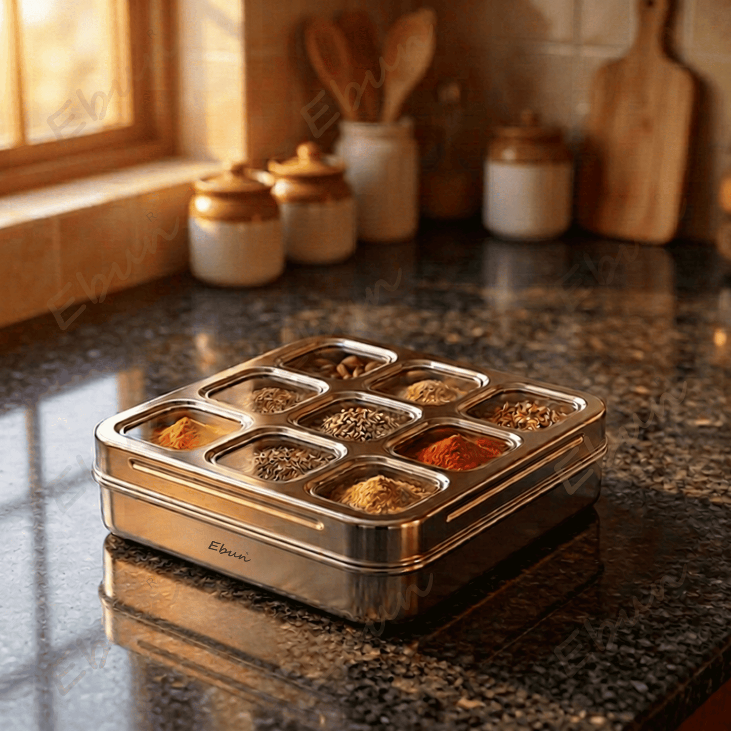 Ebun Stainless Steel 9 in 1 Square Masala Dabba for Kitchen