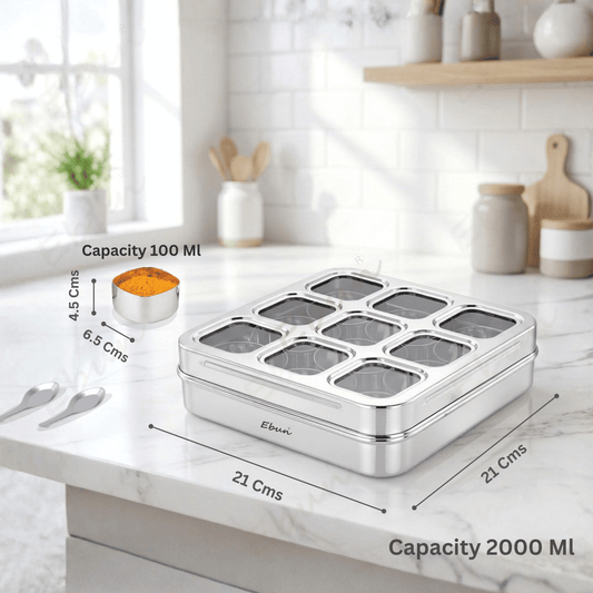 Ebun Stainless Steel 9 in 1 Square Masala Dabba for Kitchen
