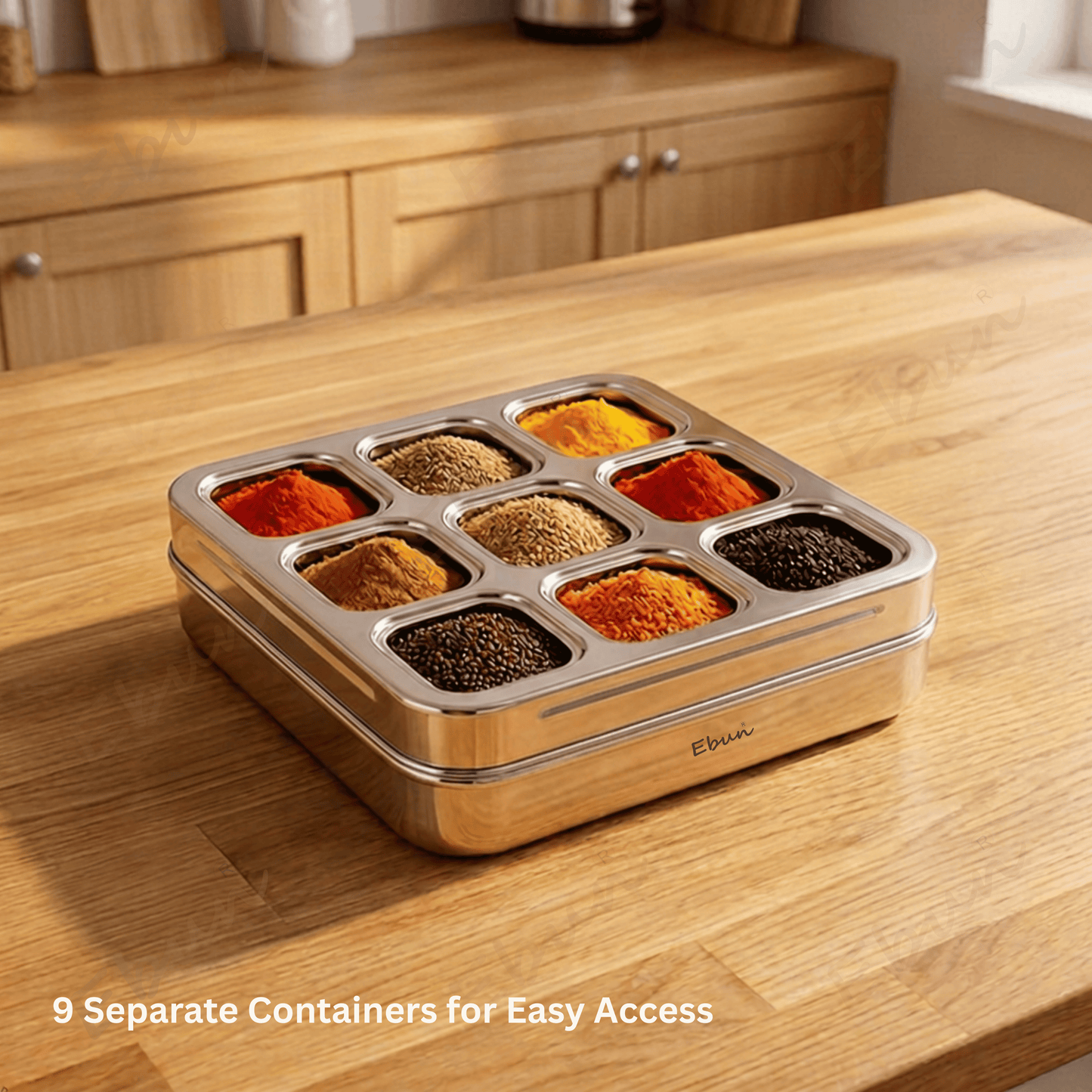 Ebun Stainless Steel 9 in 1 Square Masala Dabba for Kitchen