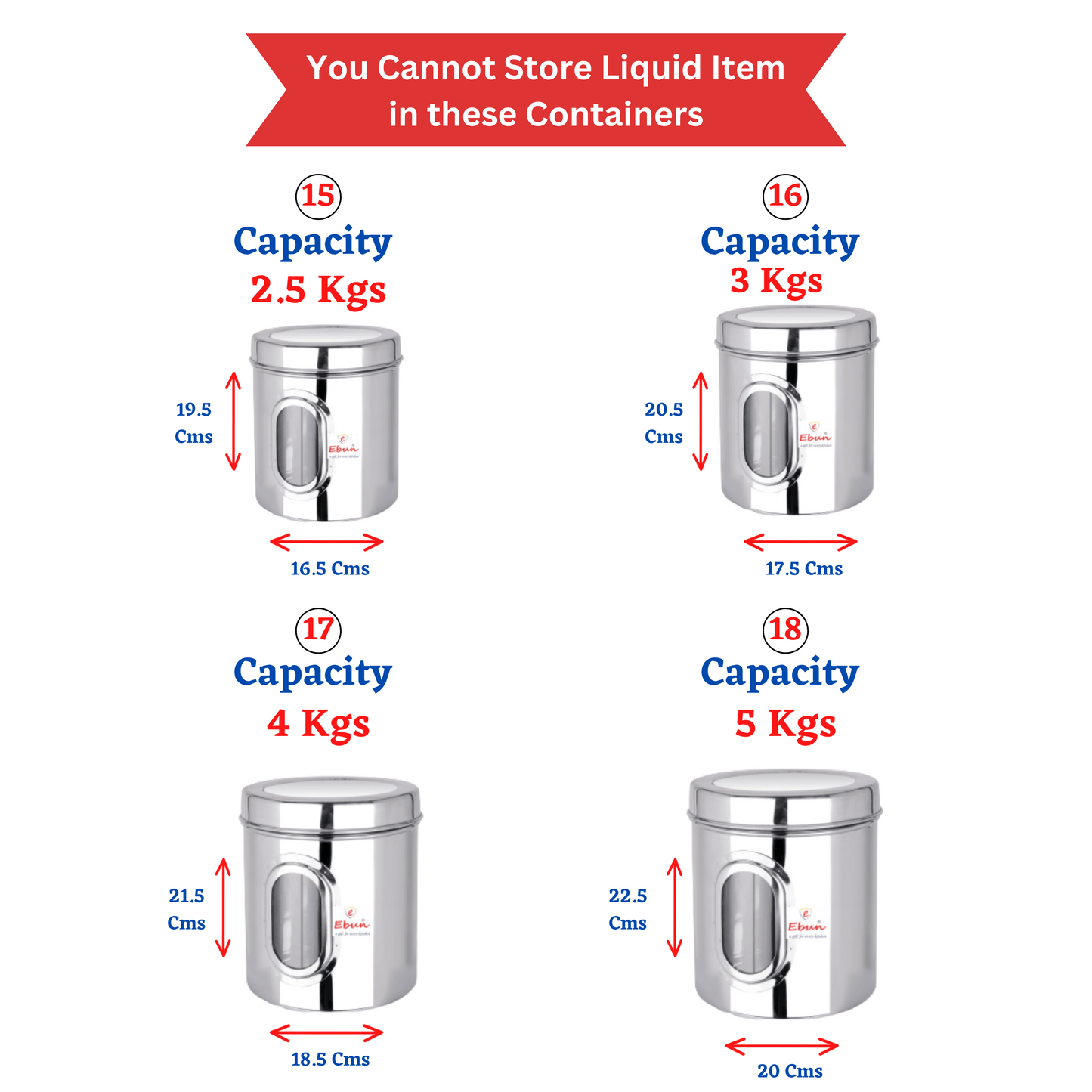 Ebun Stainless Steel See Through Containers Combo Set - 750 Gms to 5 kgs Capacity