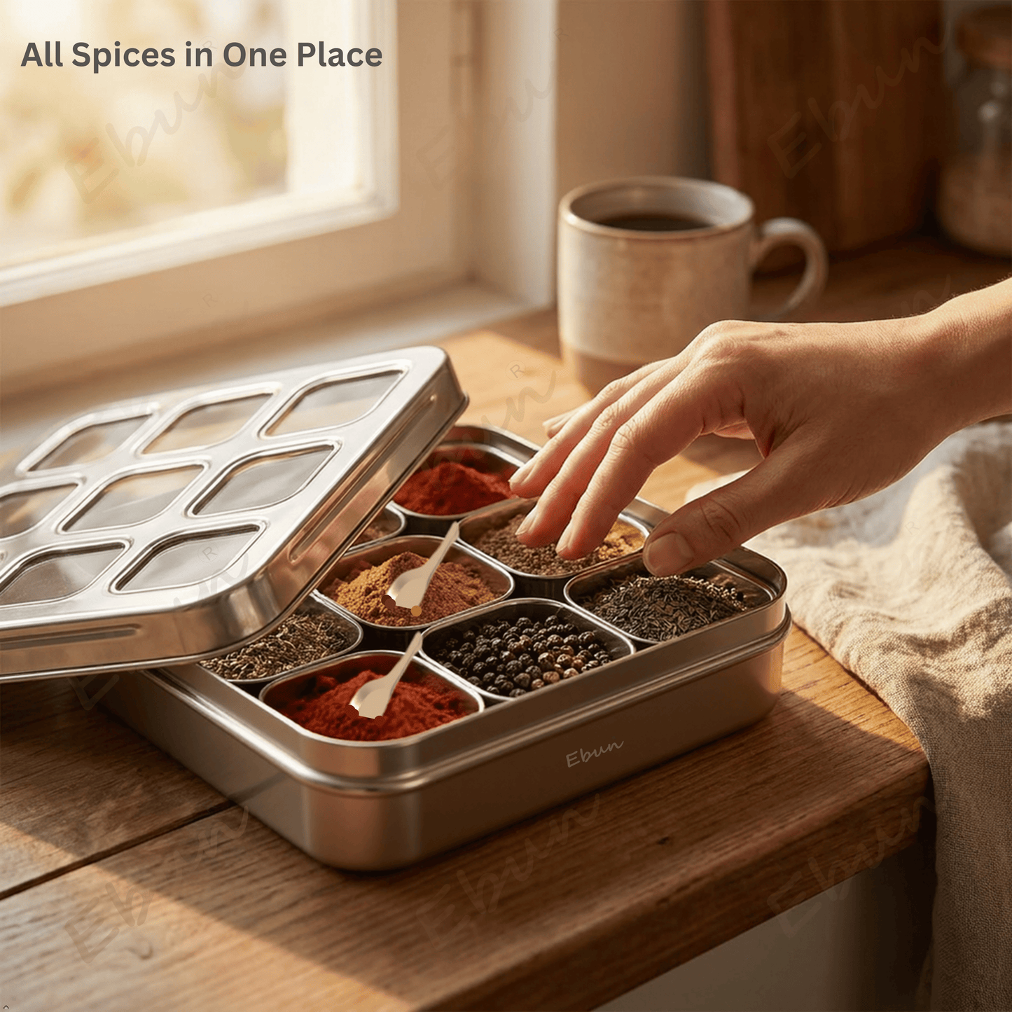 Ebun Stainless Steel 9 in 1 Square Masala Dabba for Kitchen