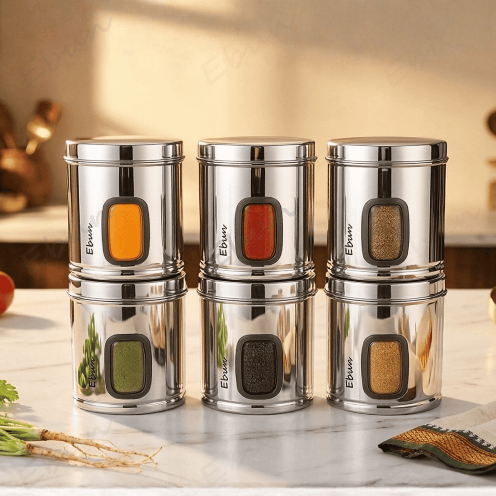 Ebun Stainless steel see-through containers.