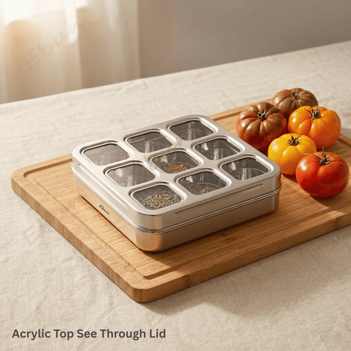 Ebun Stainless Steel 9 in 1 Square Masala Dabba for Kitchen