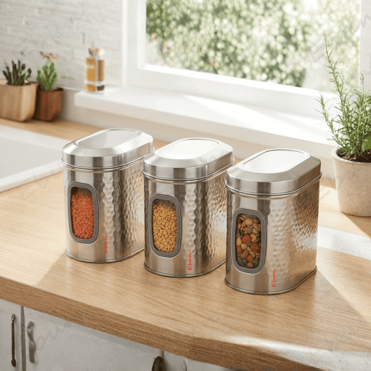 Ebun Stainless Steel Capsule Shape Hand Hammered See Through Containers - 1 Kgs