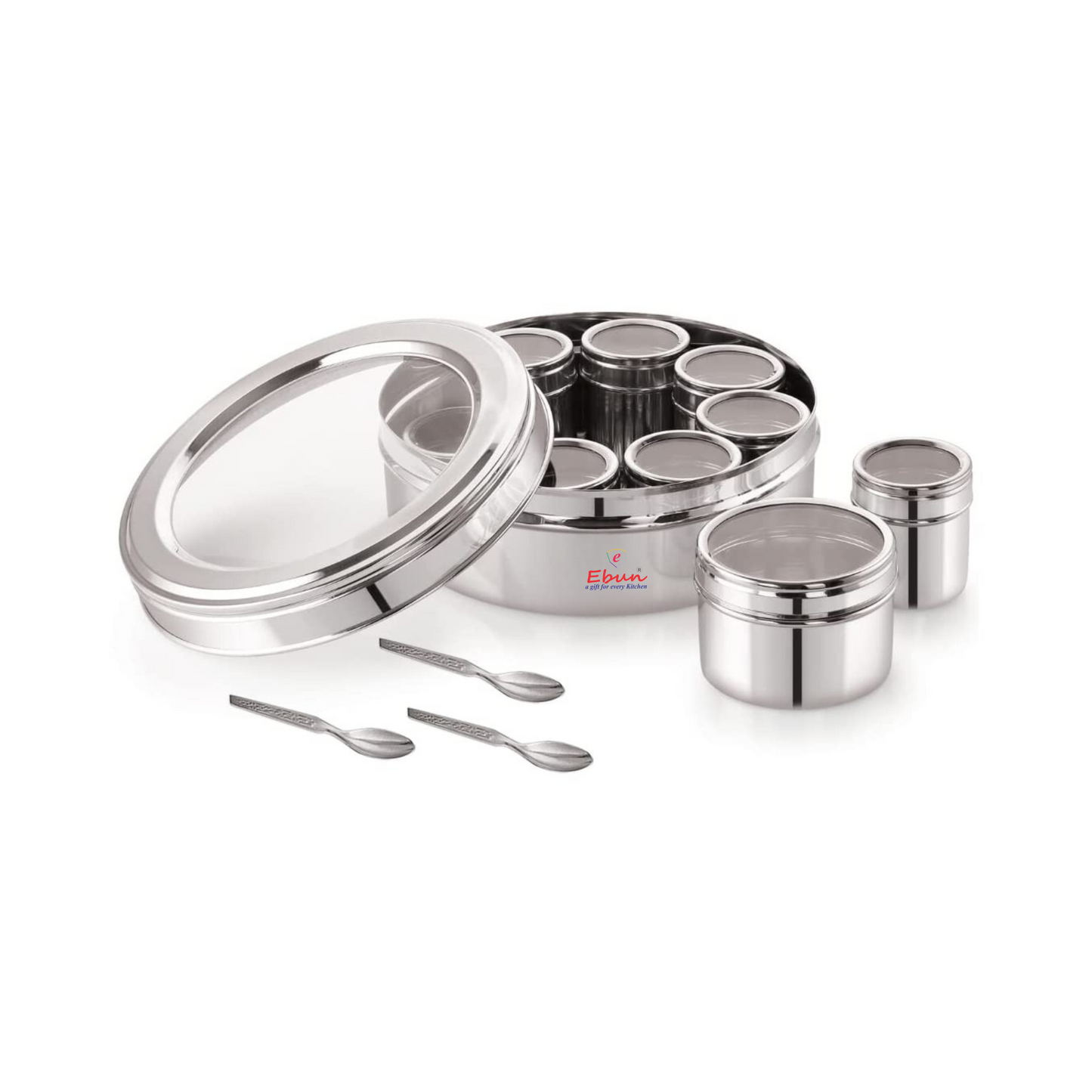 Ebun Stainless Steel Masala Box for Kitchen with 9 Individual See Through Lid Containers and 3 Spoons (2500 Ml)