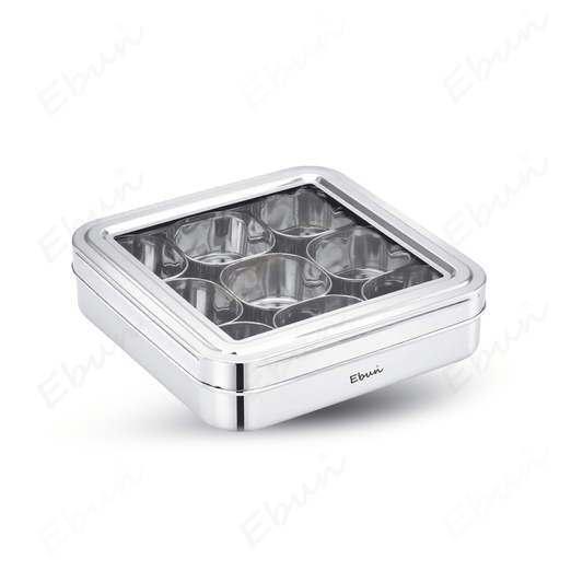 Ebun Stainless Steel 9 in 1 Square Masala Dabba for Kitchen