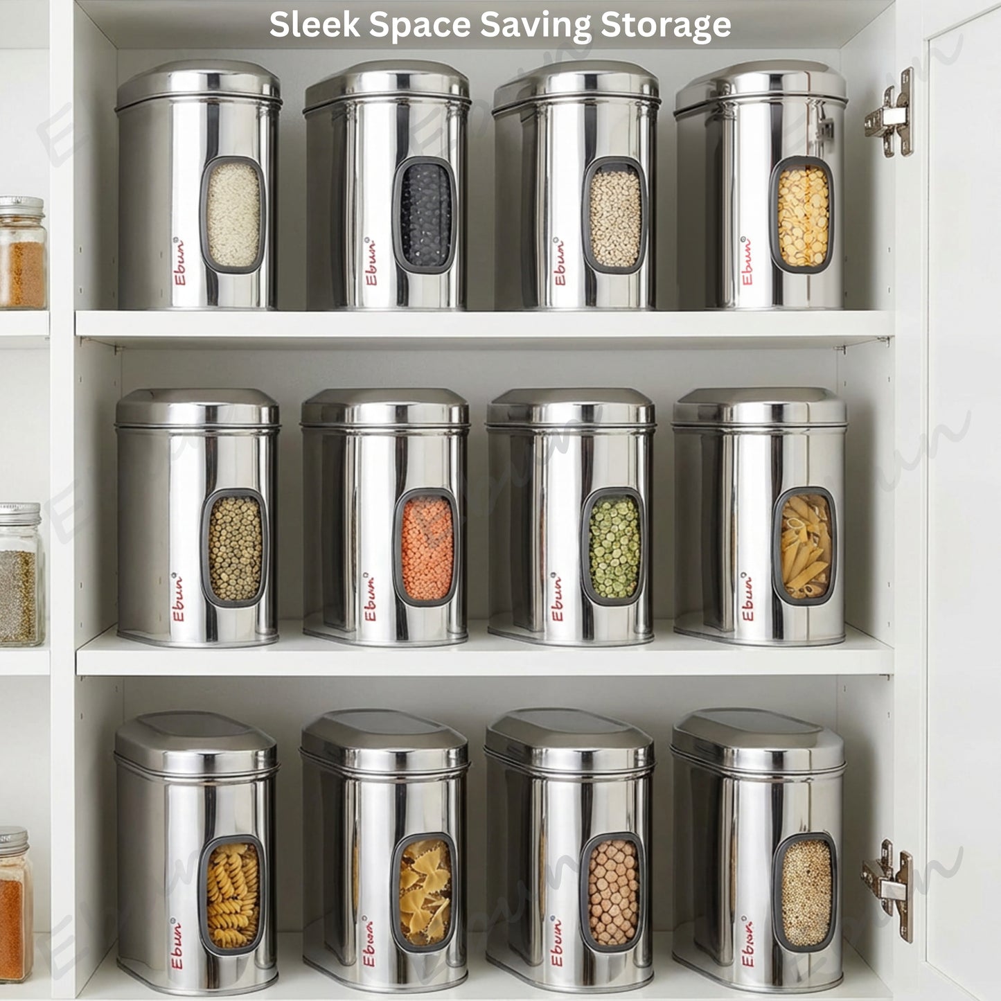  Ebun Stainless steel storage jars visible on a kitchen shelf.