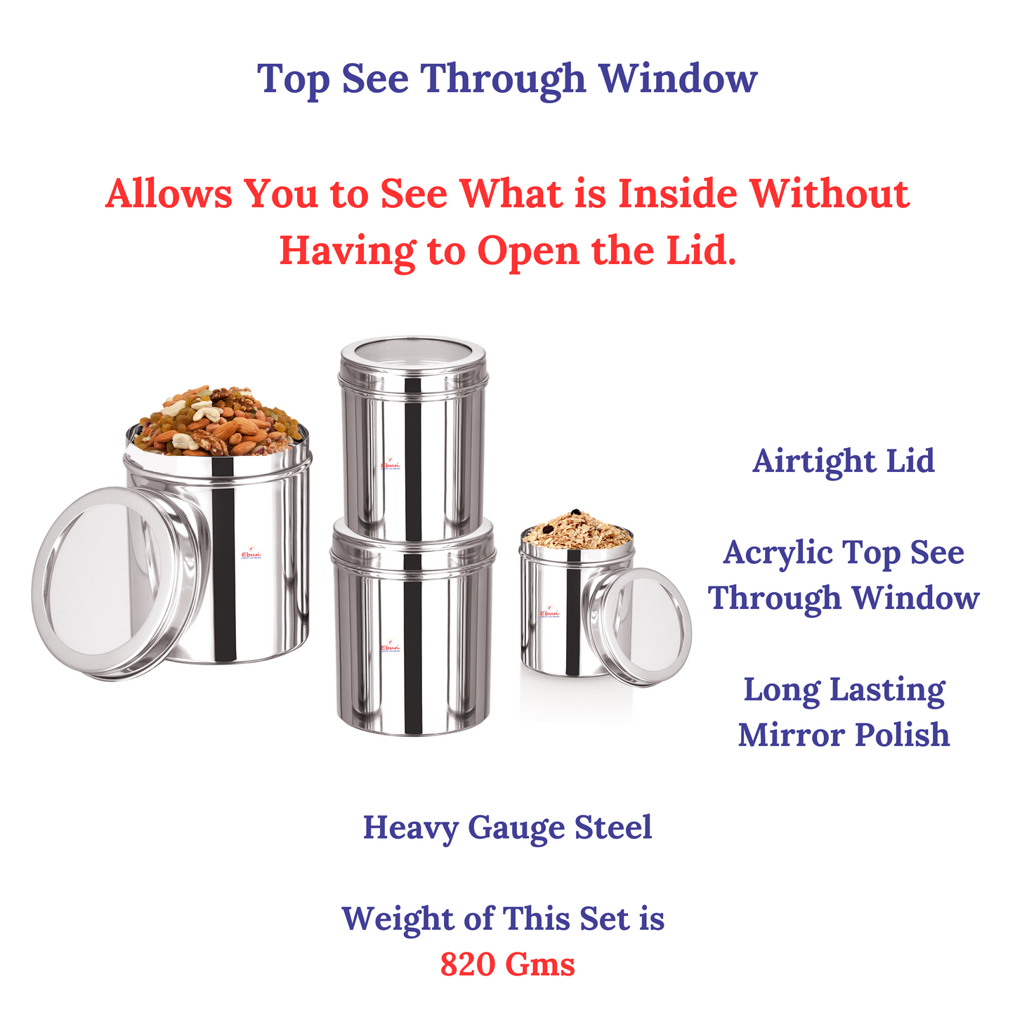 Ebun Stainless Steel Top See Through Containers 200 Gms to 750 Gms Combo Set