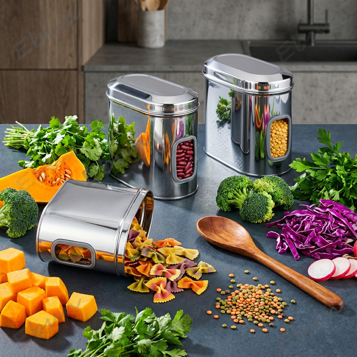 Ebun stainless steel kitchen storage containers on a kitchen counter with fresh vegetables.