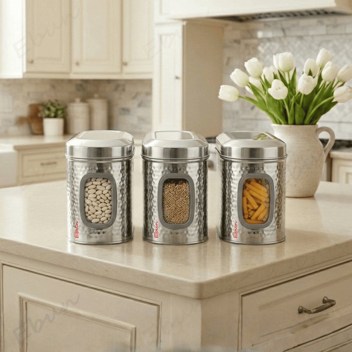 Ebun Stainless Steel Capsule Shape Hand Hammered See Through Containers - 1 Kgs