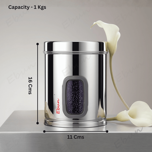 Ebun Silver container with measurement details.