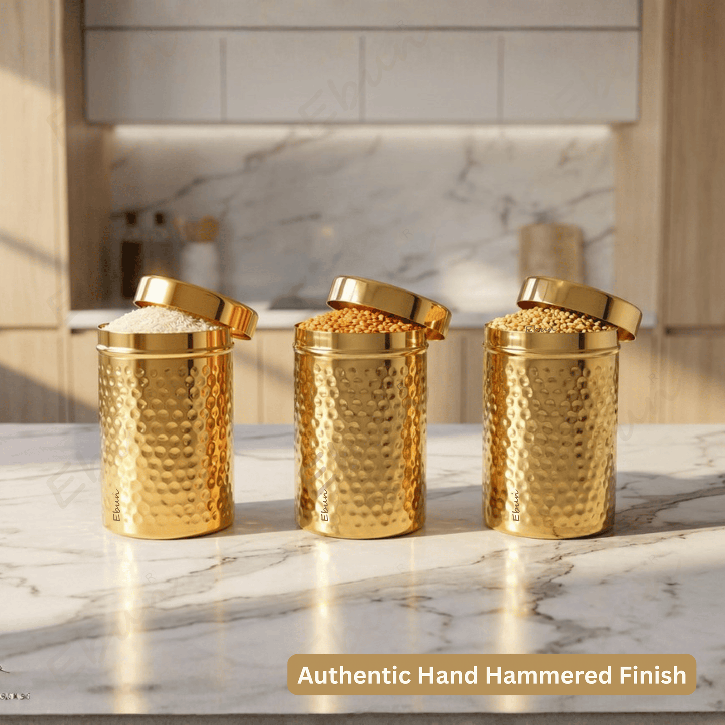 Ebun Stainless Steel Gold PVD Plated Containers 500 Gms Capacity - Pack of 3