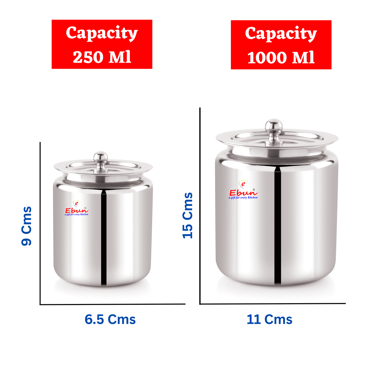 Ebun Stainless Steel Mirror Polished Plain Ghee Pot 250 & 1000 Ml Combo (Pack of 2)