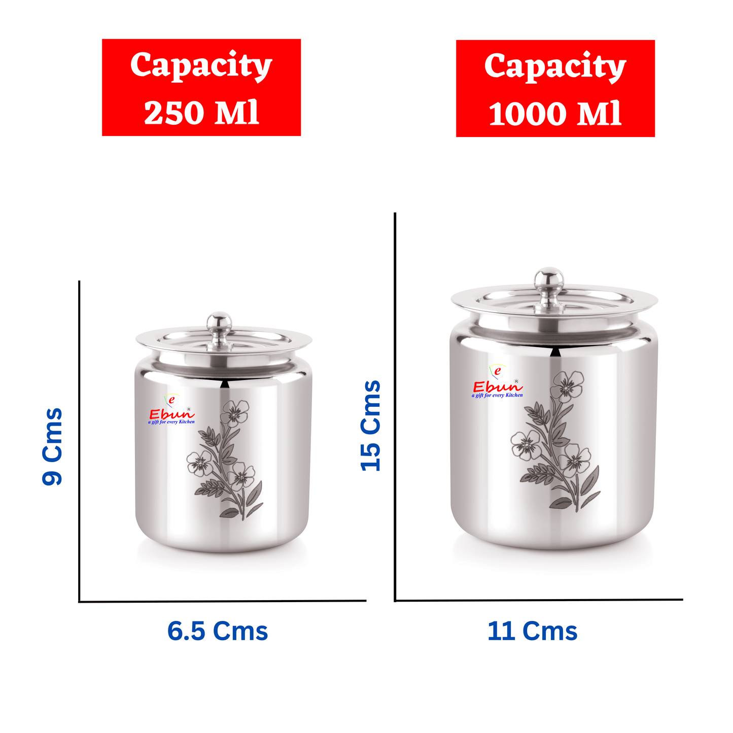 Ebun Stainless Steel Laser Finish Ghee Pot 250 & 1000 Ml Combo (Pack of 2)