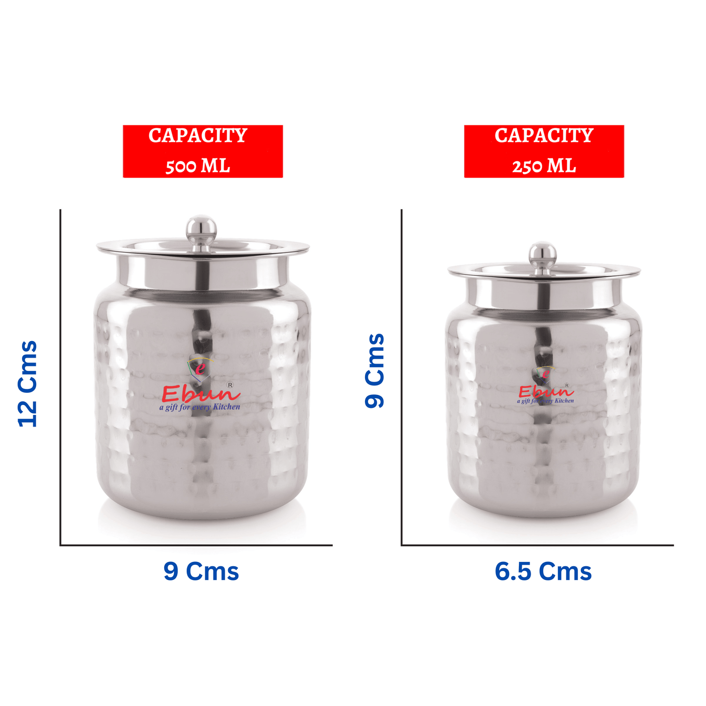 Ebun Hand Hammered Finish Stainless Steel Ghee Pot 250 & 500 Ml Combo (Pack of 2)