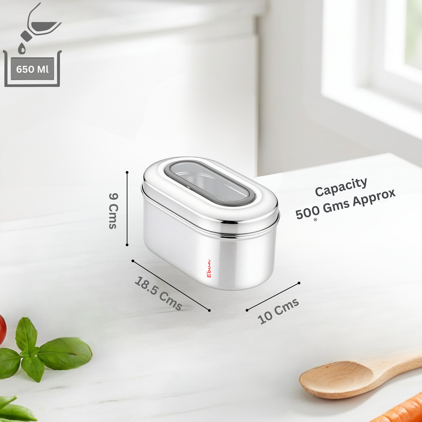 Ebun Stainless Steel Capsule Shape Top See Through Containers - 500 Gms