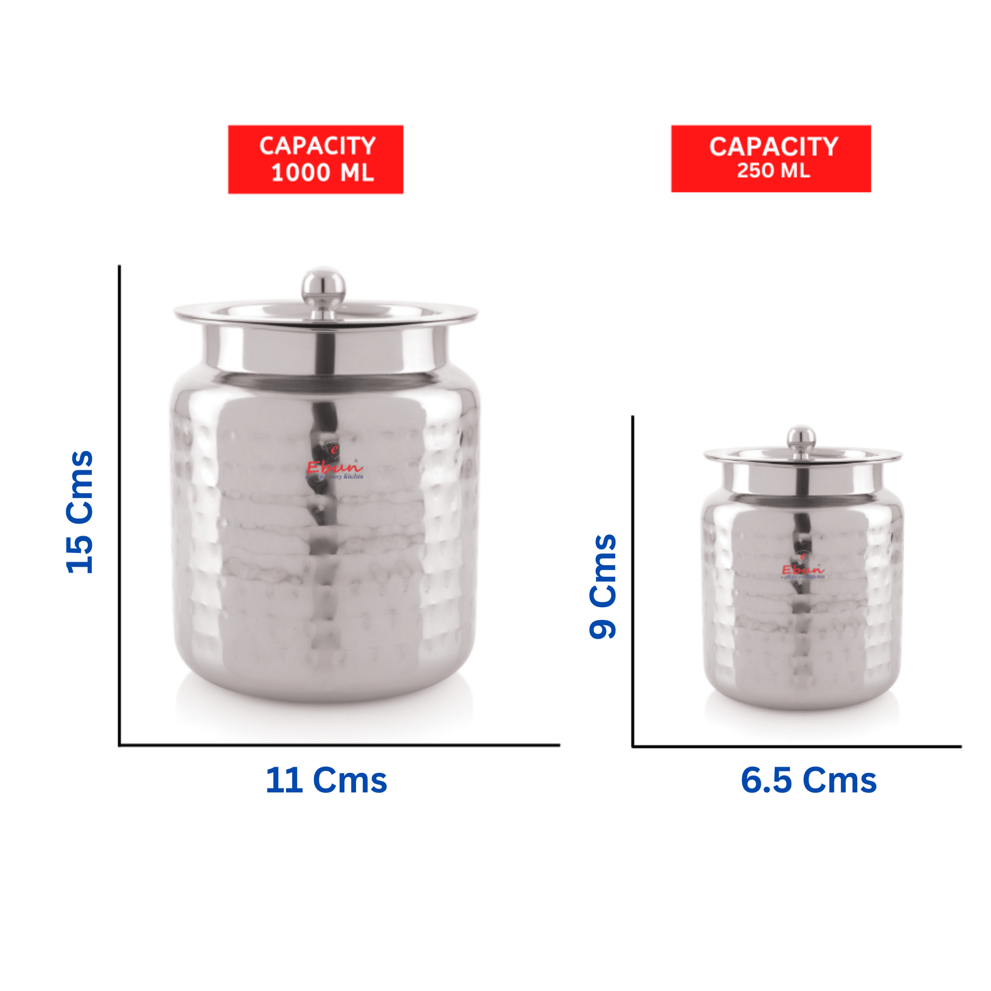 Ebun Hand Hammered Finish Stainless Steel Ghee Pot 250 & 1000 Ml Combo (Pack of 2)