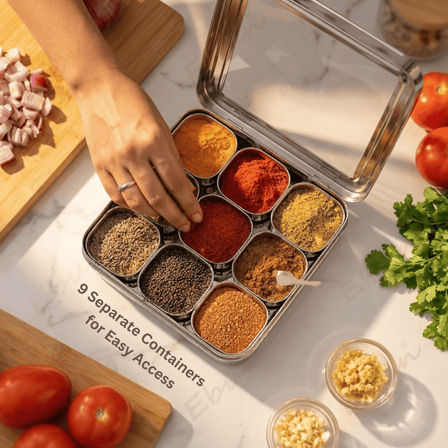 Ebun Stainless Steel 9 in 1 Square Masala Dabba for Kitchen