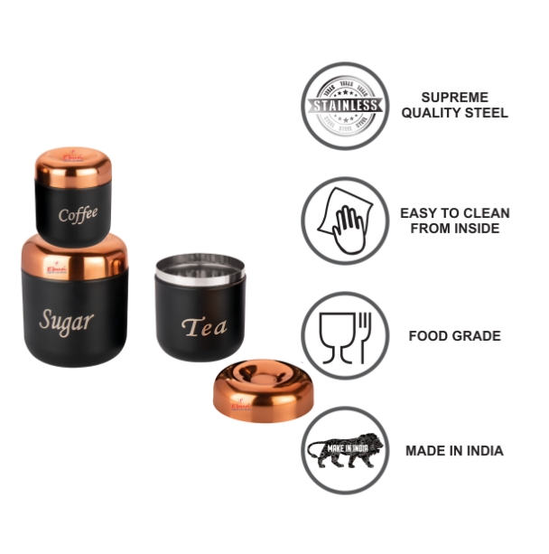 Ebun Stainless Steel Tea Coffee Sugar Containers Set of 3 with Capacity 750 Gms, 500 Gms & 350 Gms
