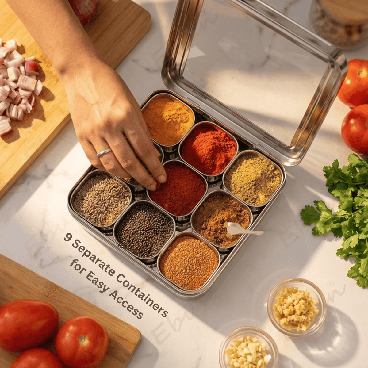 Ebun Stainless Steel 9 in 1 Full Top See Through Masala Dabba
