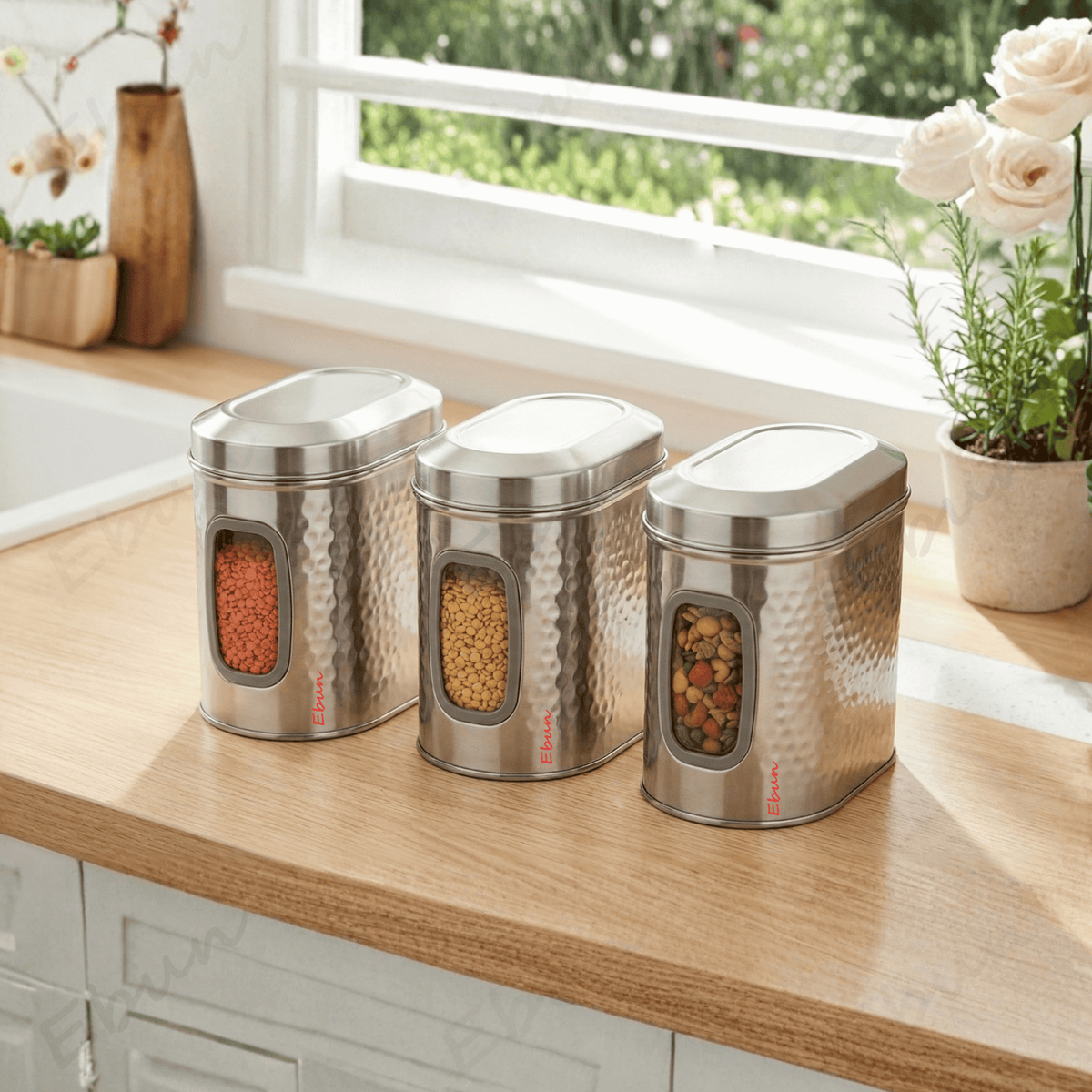Ebun Stainless Steel Capsule Shape Hand Hammered See Through Containers - 1 Kgs