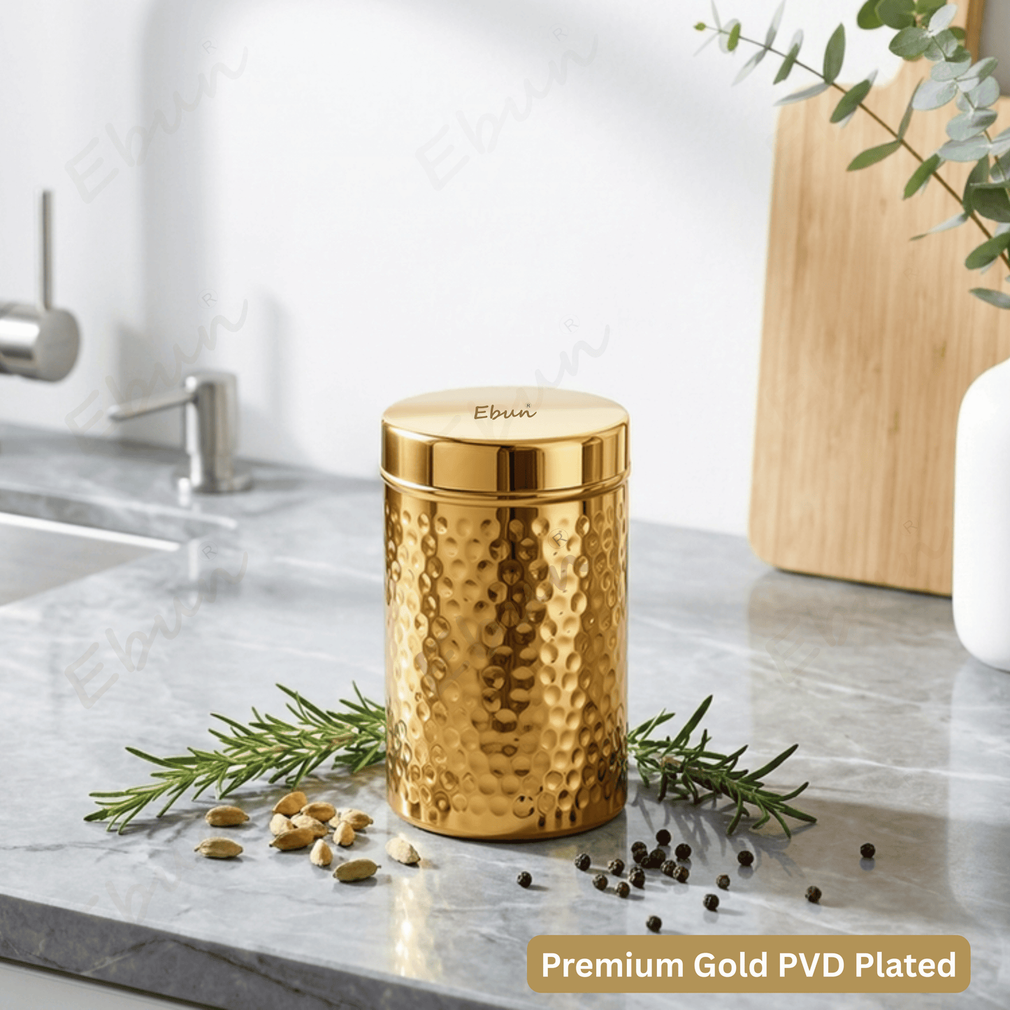 Ebun Stainless Steel Gold PVD Plated Containers 500 Gms Capacity - Pack of 3
