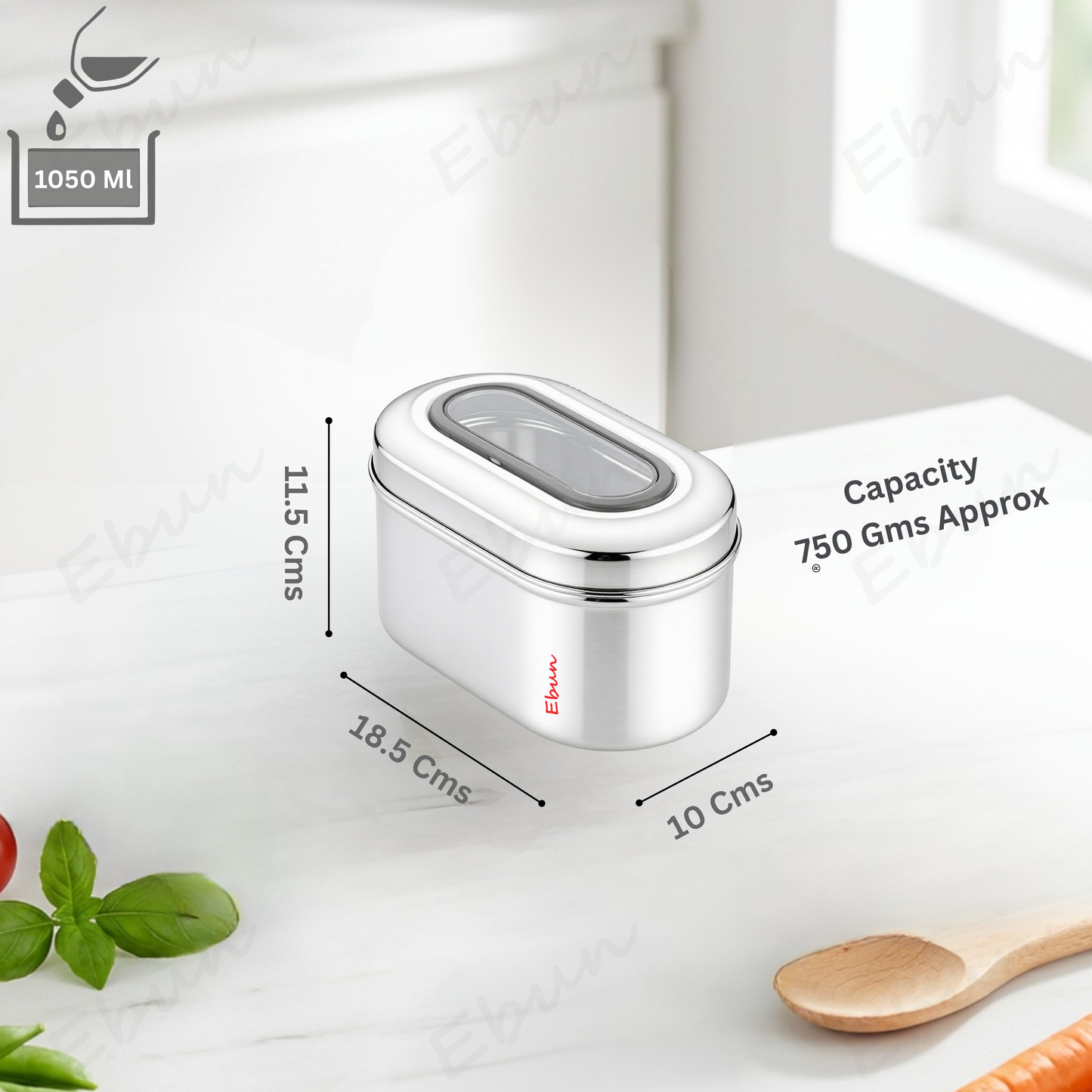 Ebun Stainless Steel Capsule Shape Top See Through Containers - 750 gms