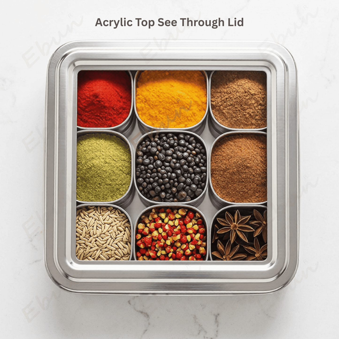 Ebun Stainless Steel 9 in 1 Square Masala Dabba for Kitchen