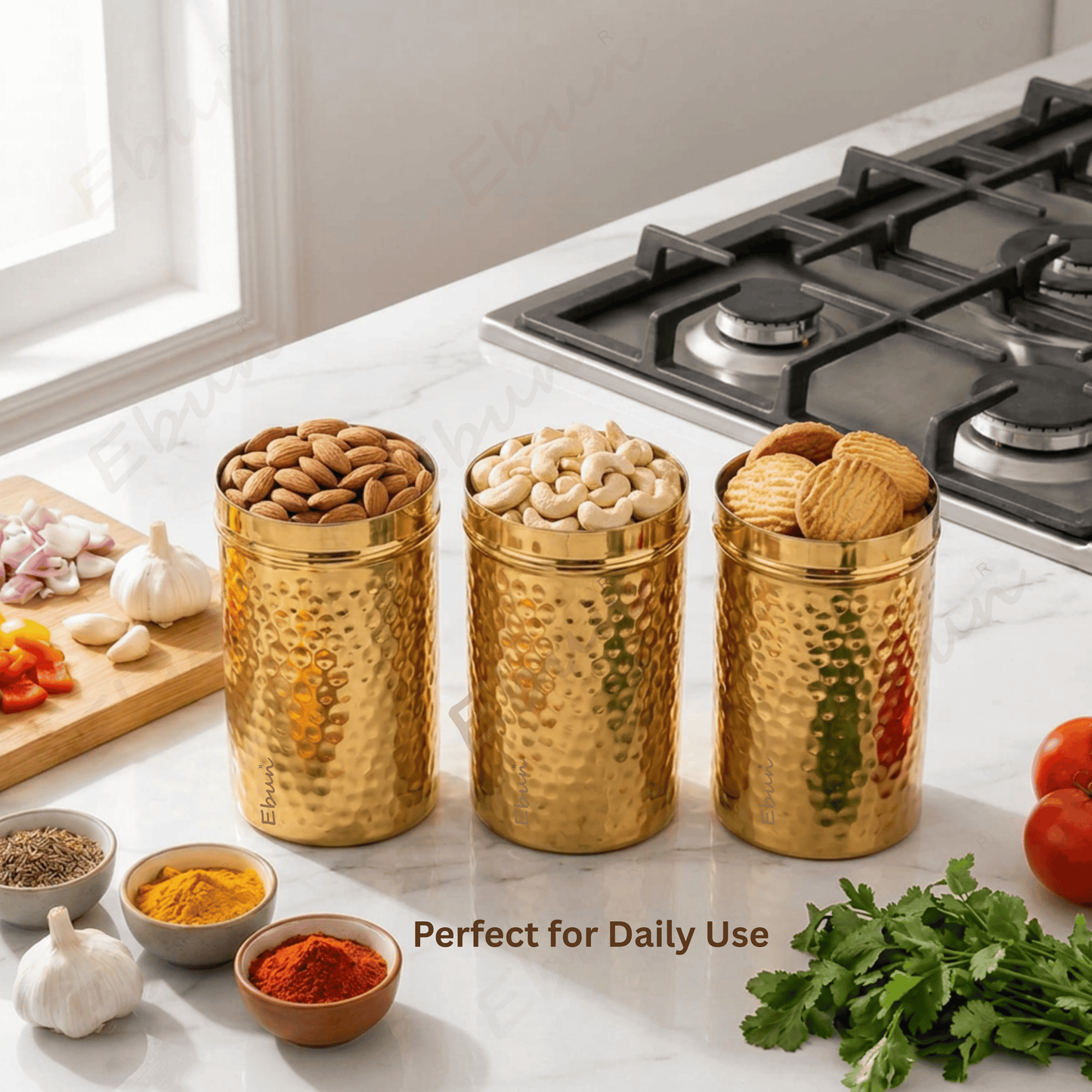 Ebun Stainless Steel Gold PVD Plated Containers 500 Gms Capacity - Pack of 3