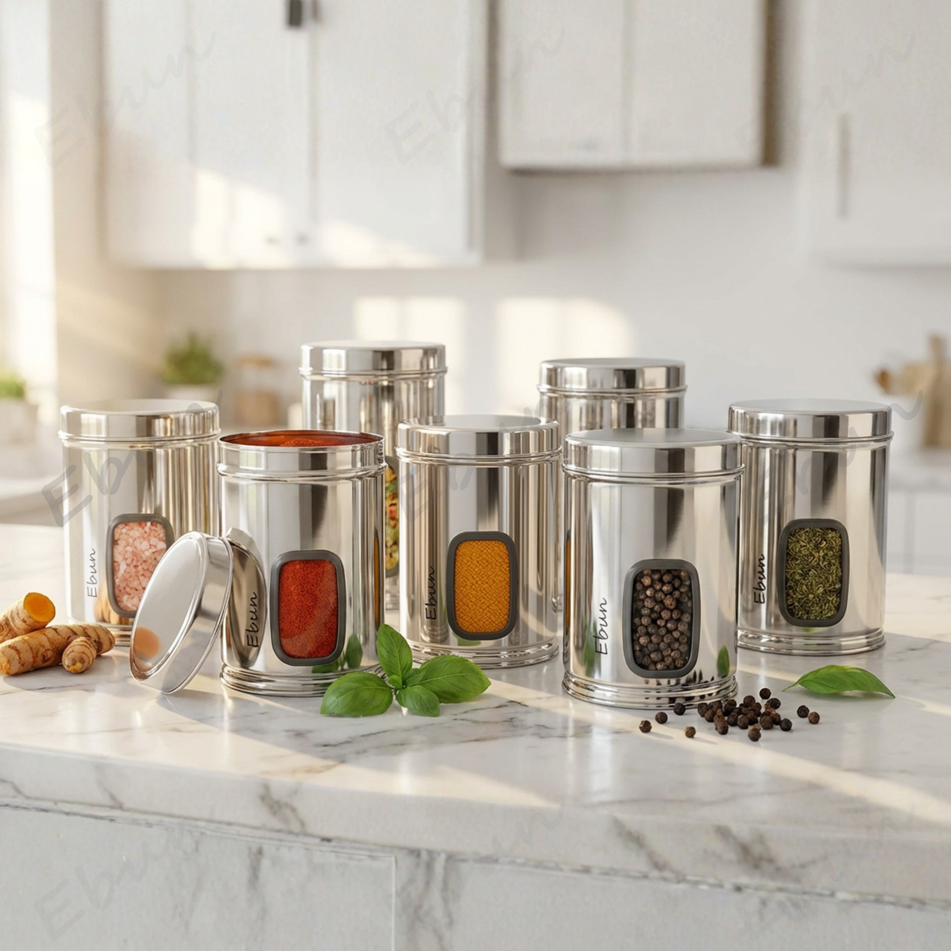 Set of Ebun silver spice containers on a kitchen counter with spices and herbs.