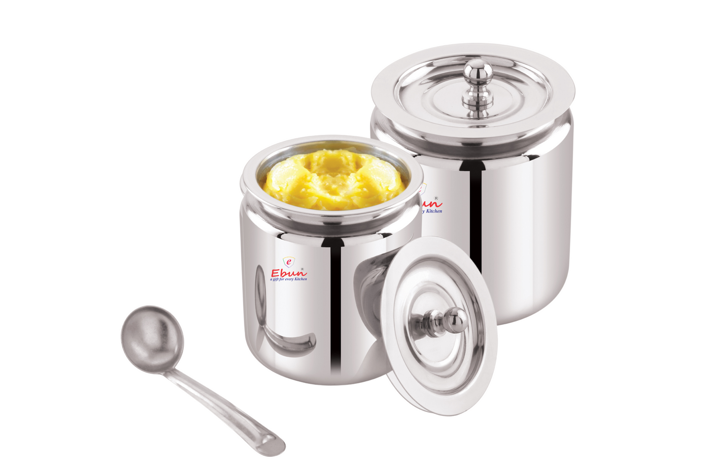 Ebun Stainless Steel Mirror Polished Plain Ghee Pot 500 Ml (Pack of 2)