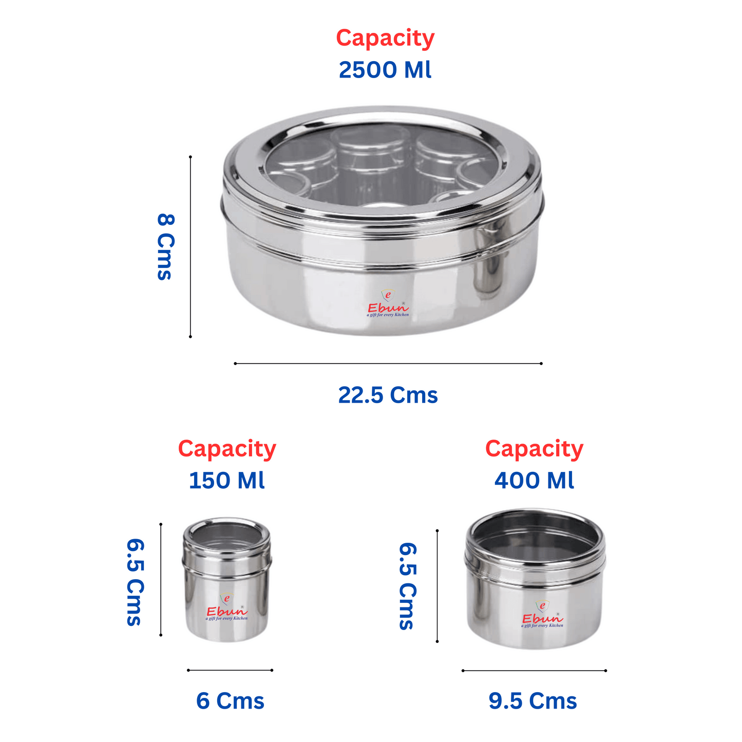 Ebun Stainless Steel Masala Box for Kitchen with 9 Individual See Through Lid Containers and 3 Spoons (2500 Ml)