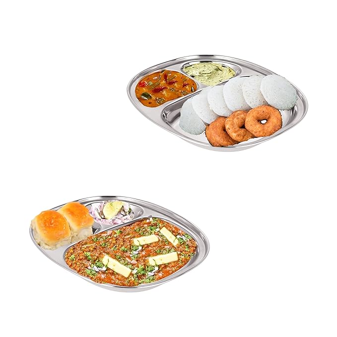 Ebun Stainless Steel Pav Bhaji Plate with Compartments - Pack of 2