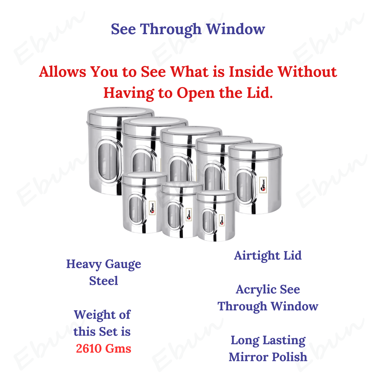 Ebun Stainless Steel See Through Containers Combo Set - 200 Gms to 2 kgs Capacity
