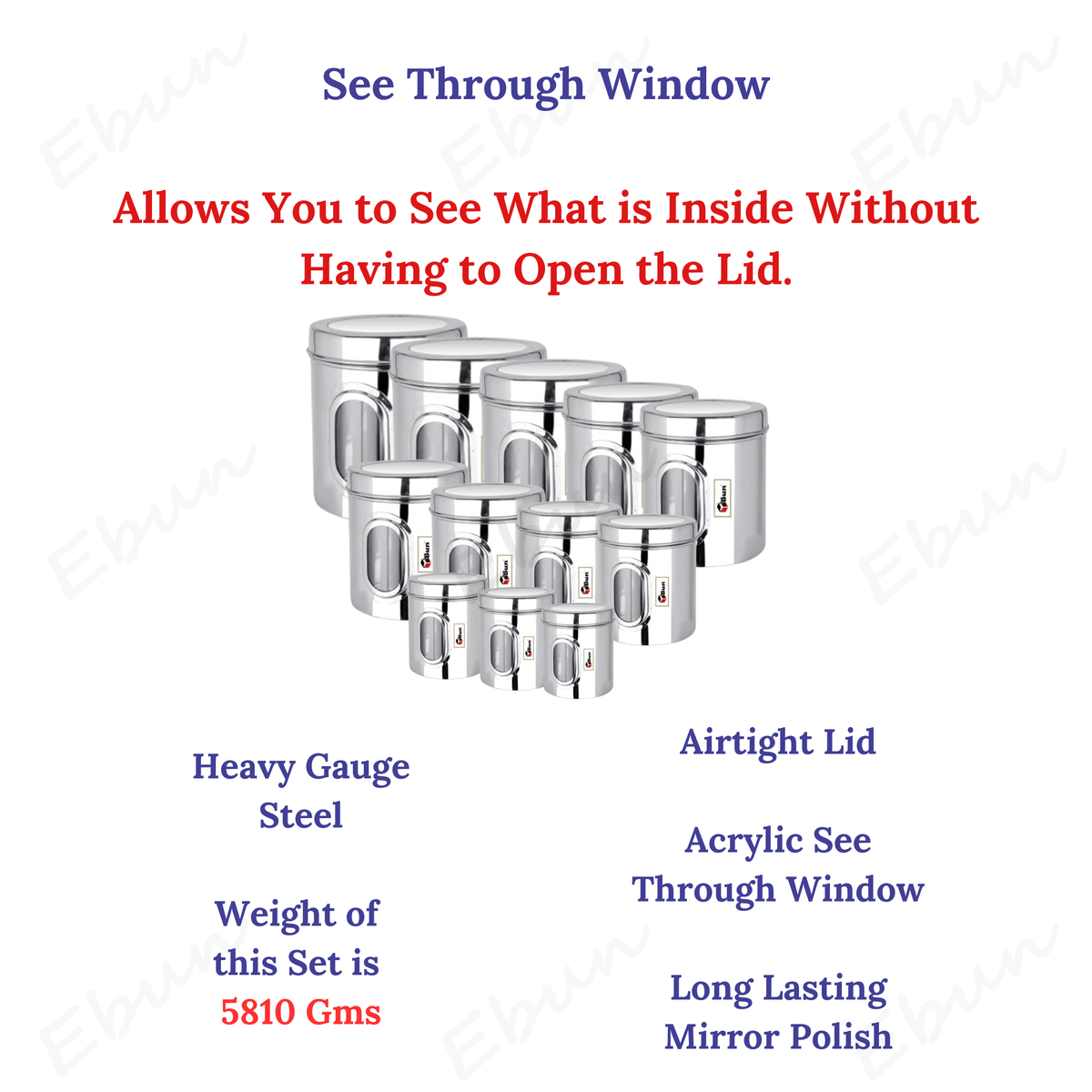 Ebun Stainless Steel See Through Containers Combo Set - 200 Gms to 5 kgs Capacity