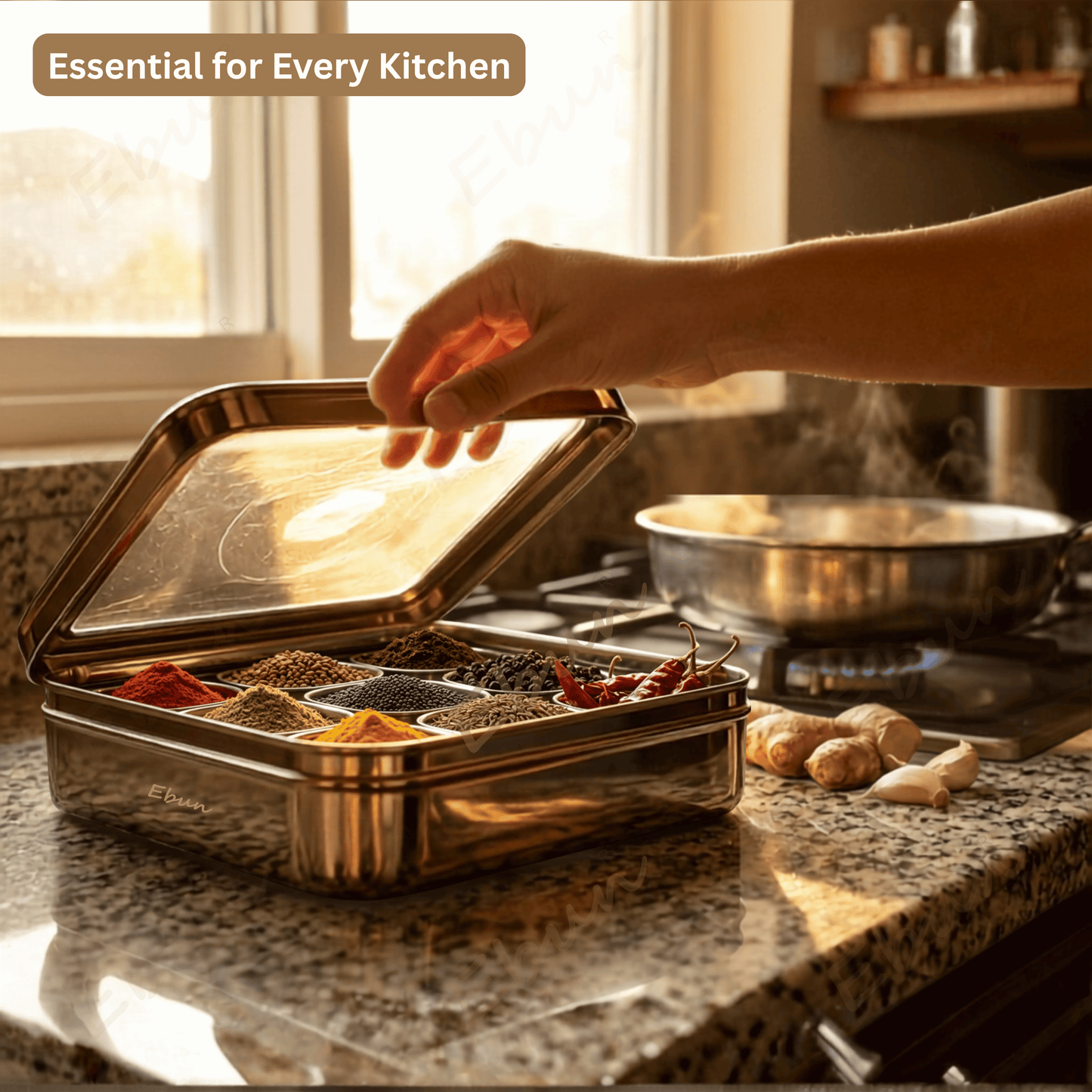 Ebun Stainless Steel 9 in 1 Square Masala Dabba for Kitchen