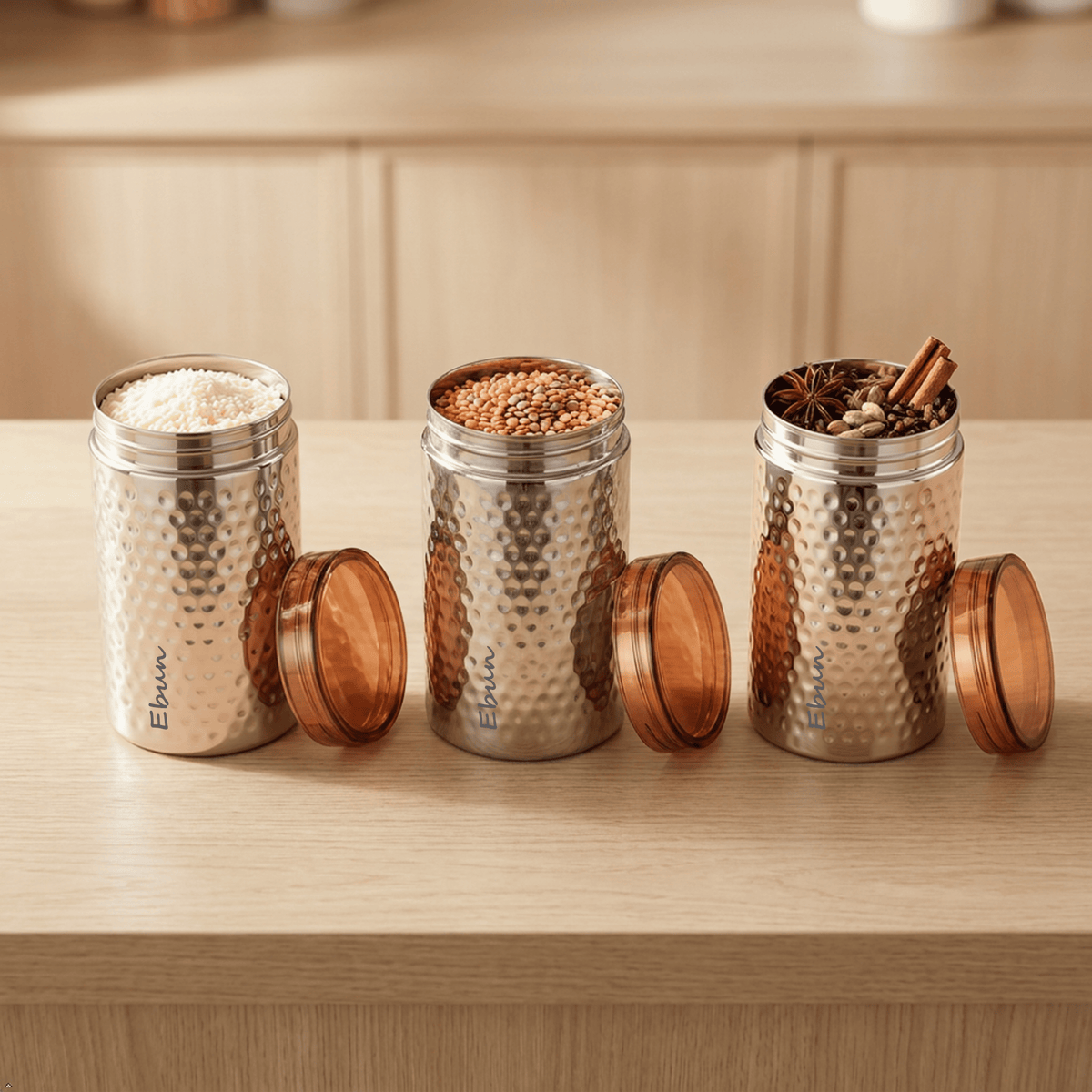 Ebun hand hammered stainless steel kitchen container, 700 ml, image 3
