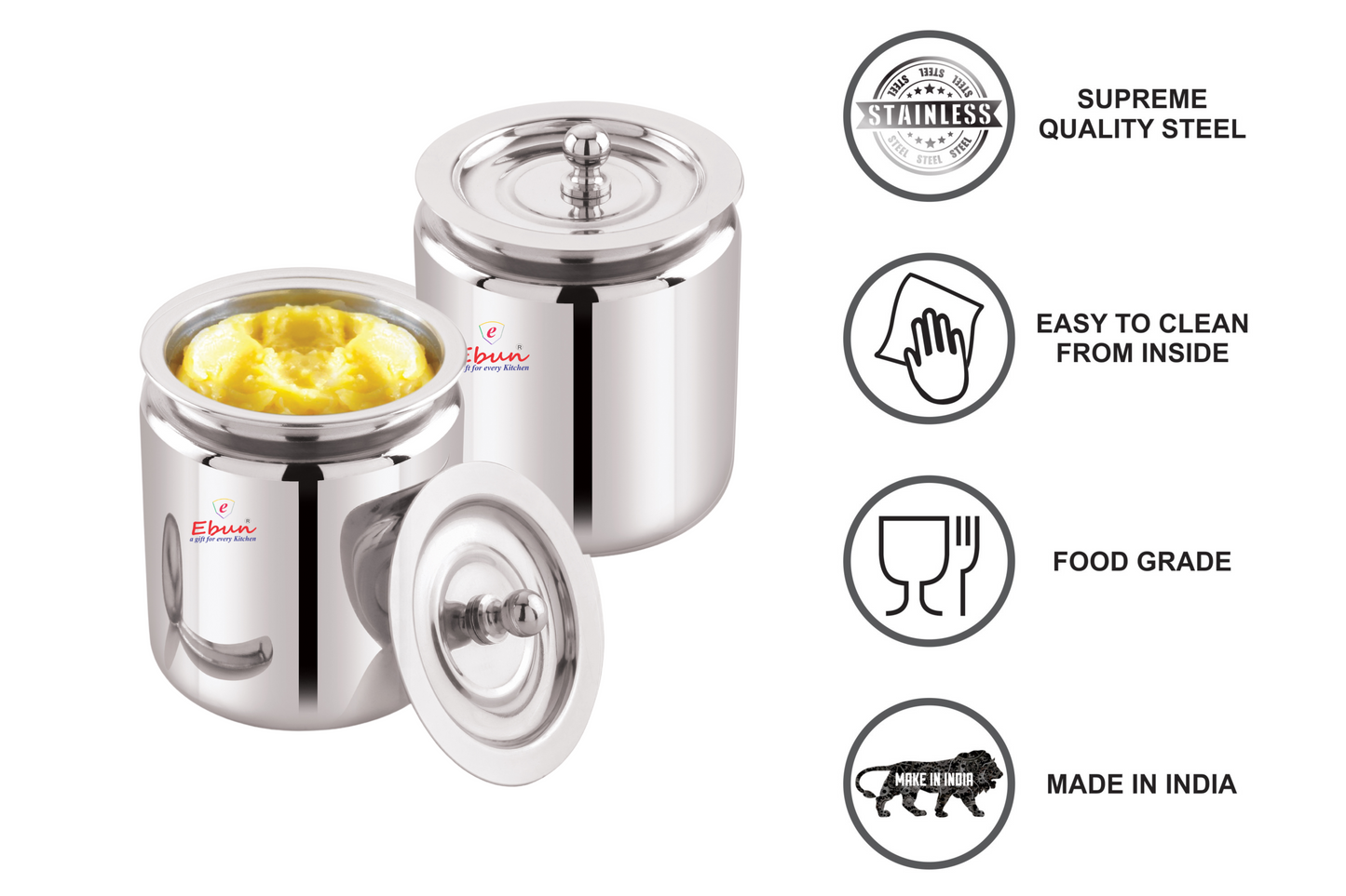 Ebun Stainless Steel Mirror Polished Plain Ghee Pot 500 Ml (Pack of 2)