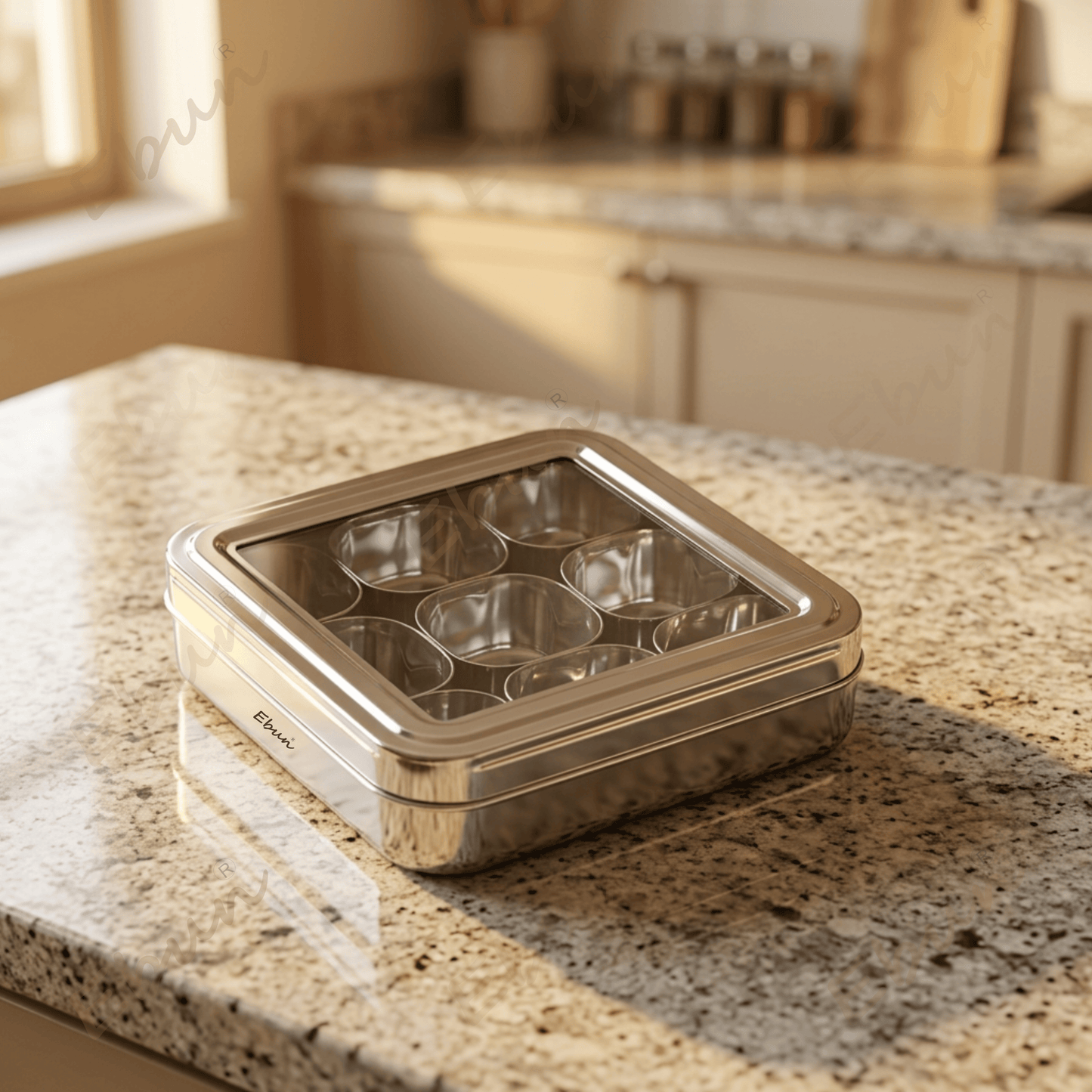 Ebun Stainless Steel 9 in 1 Square Masala Dabba for Kitchen