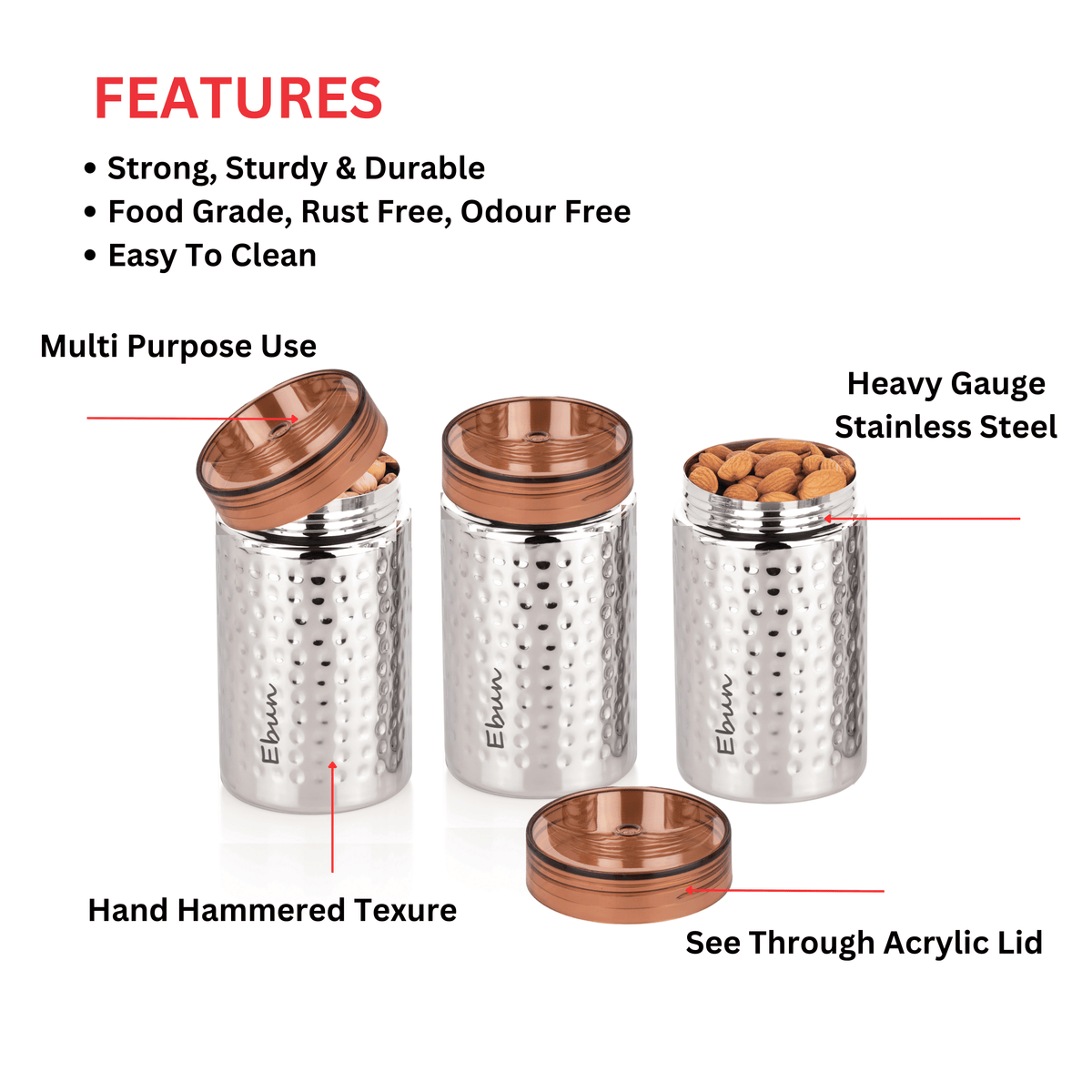 Ebun Stainless Steel Hand Hammered Containers for Kitchen - 700 Ml Capacity