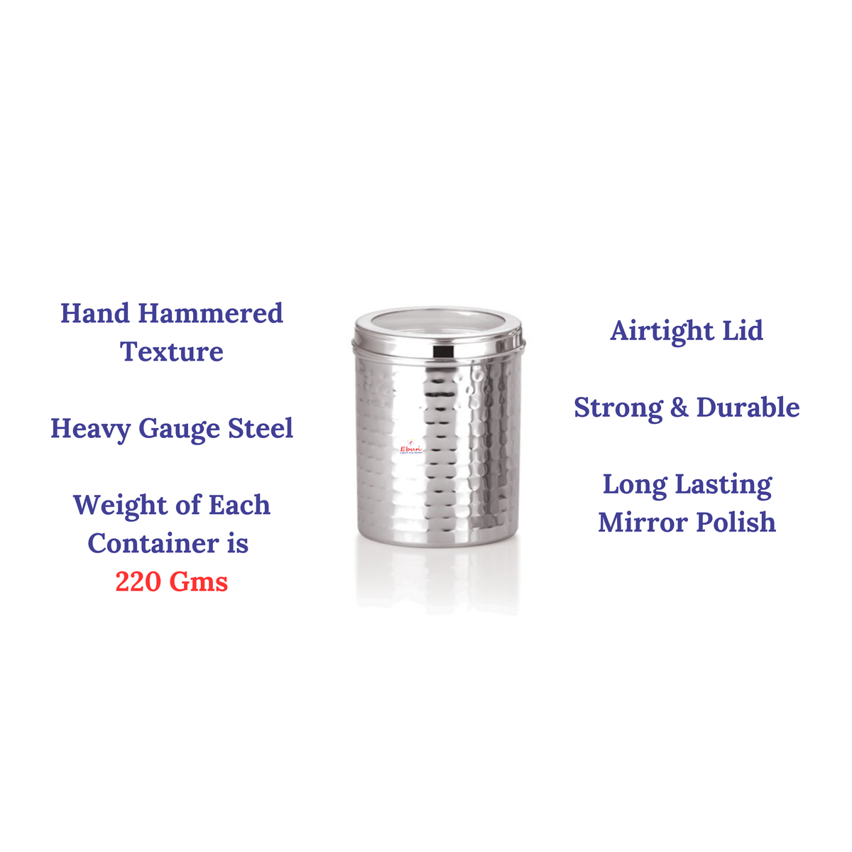 Ebun Hand Hammered Stainless Steel Top See Through Containers 500 Gms Capacity - Pack of 6