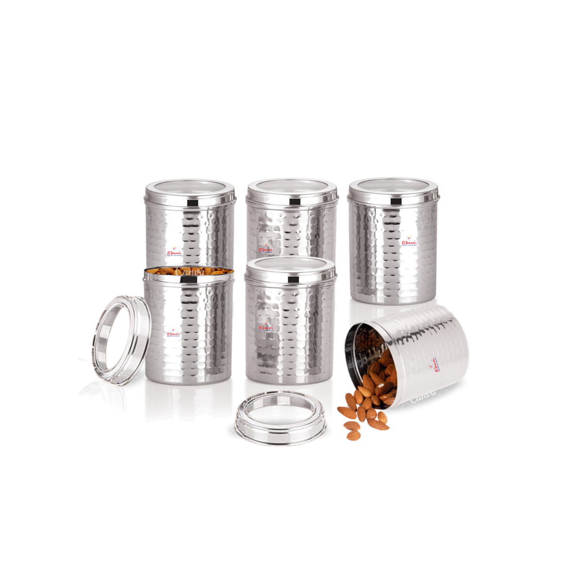 Ebun Hand Hammered Stainless Steel Top See Through Containers 500 Gms Capacity - Pack of 6