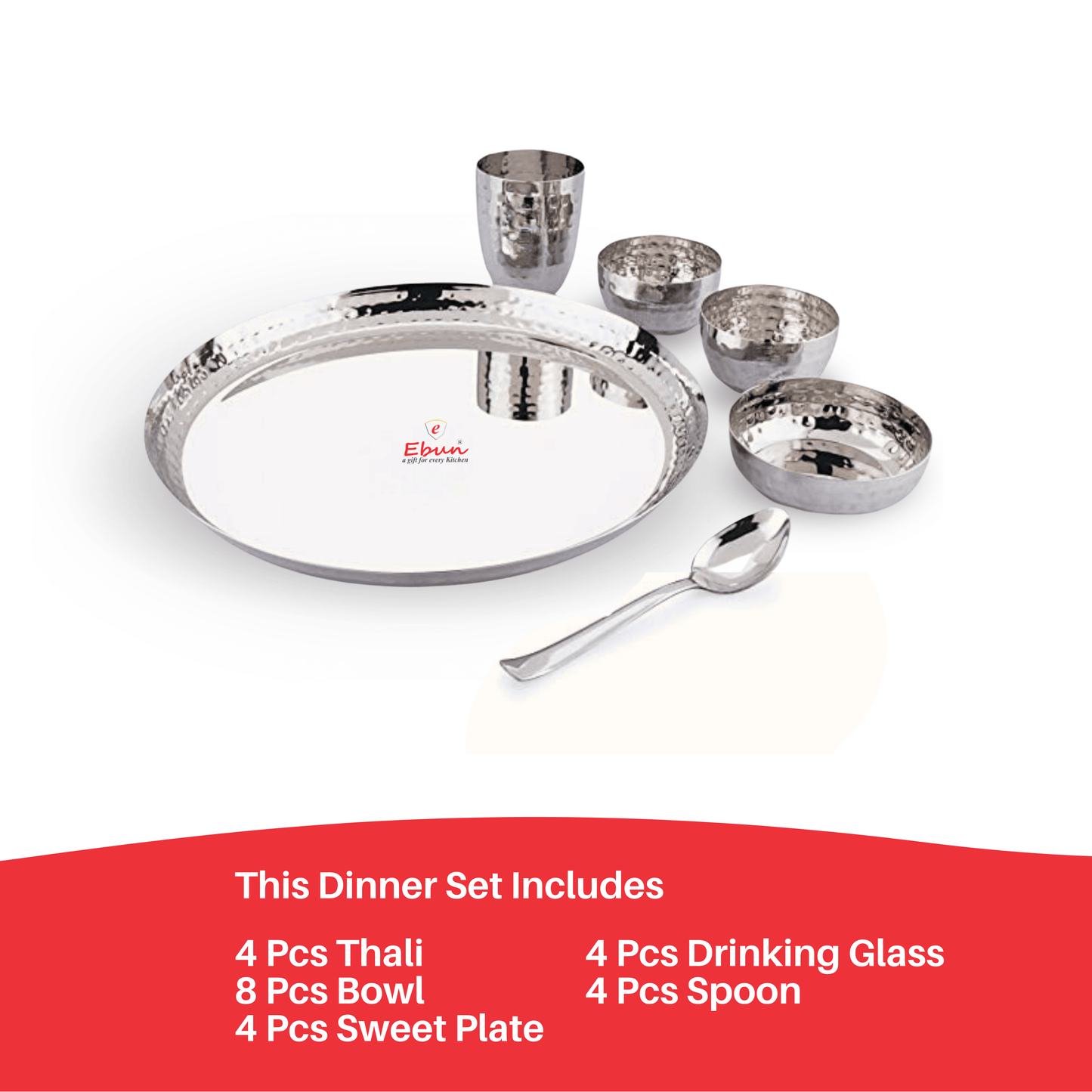 Ebun Hand Hammered Finish Stainless Steel Dinner Set - Pack of 4