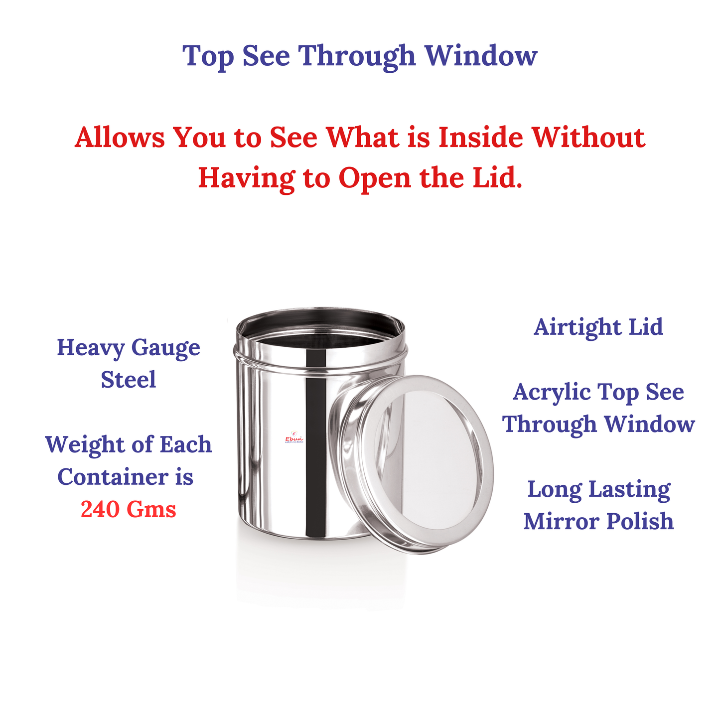 Ebun Stainless Steel Top See Through Containers Combo Set of 500 Gms - Pack of 6