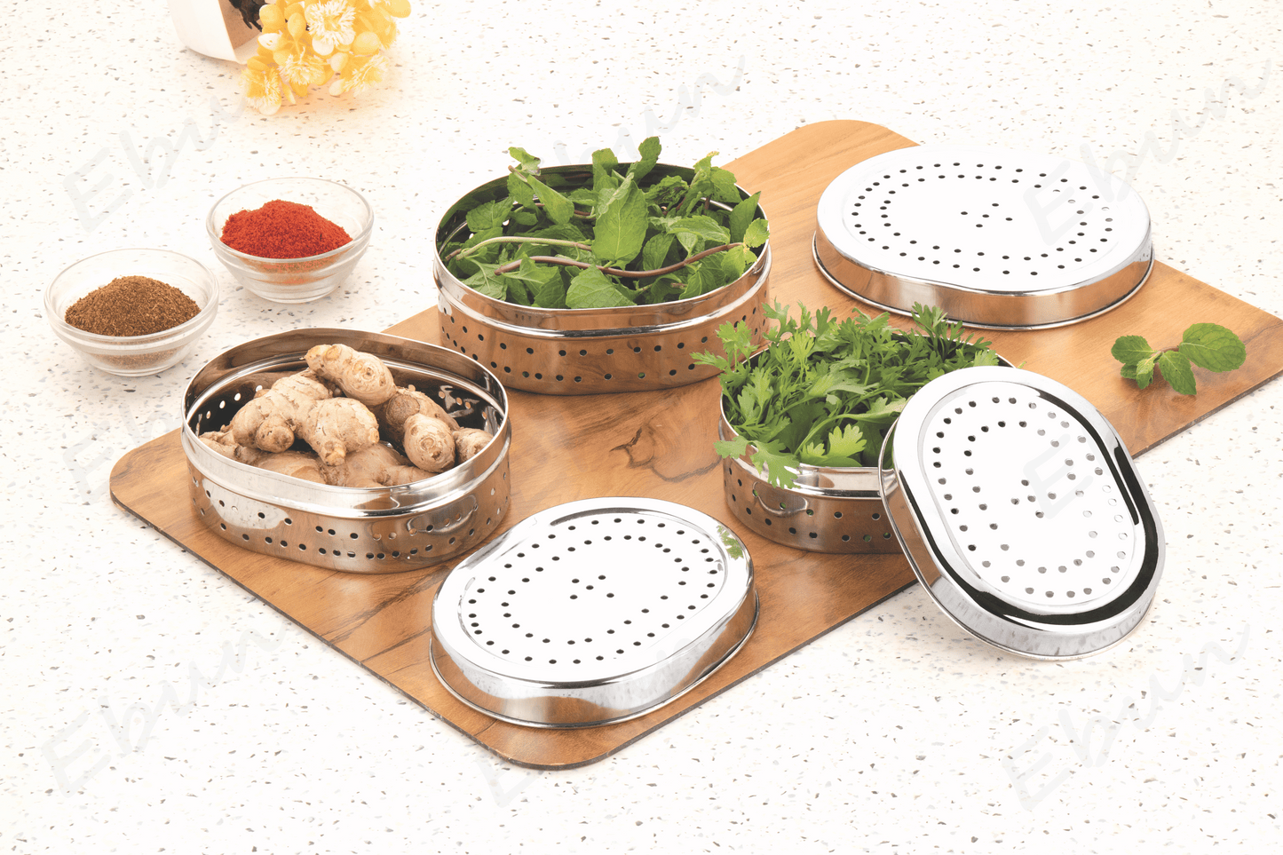 Ebun Mirror Polish Oval Shape Stainless Steel Coriander Dabba