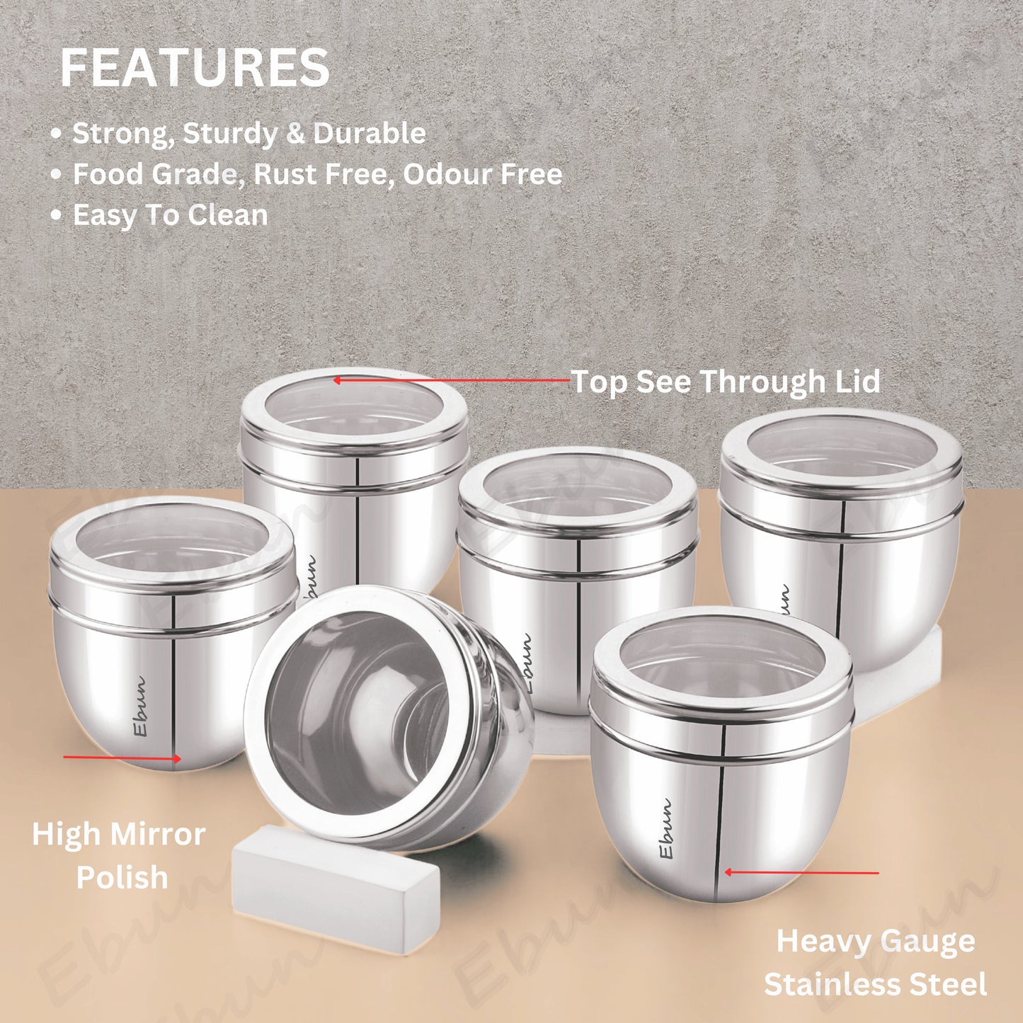 Ebun Stainless Steel Top See Through Containers 200 Ml, 300 Ml and 450 Ml Capacity - 18 Pcs Combo Set
