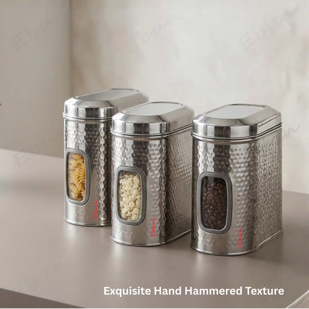 Ebun Stainless Steel Capsule Shape Hand Hammered See Through Containers - 1.5 Kgs