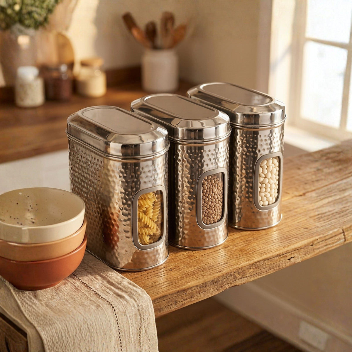 Ebun Stainless Steel Capsule Shape Hand Hammered See Through Containers - 1.5 Kgs